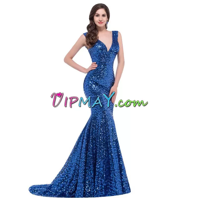 Decent Sleeveless V-neck Sweep Train Sequins Lace Up Prom Gown