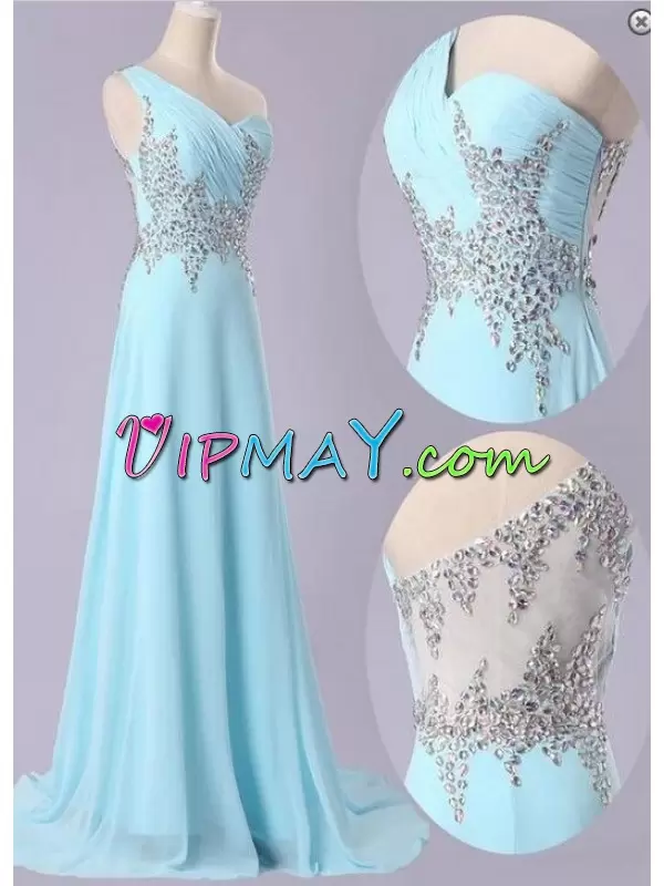 Great One Shoulder Sleeveless Chiffon Prom Evening Gown Beading Side Zipper