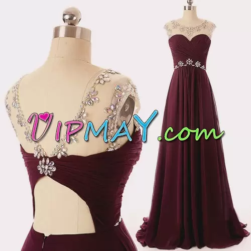 Burgundy Evening Dress Beading and Ruching Sleeveless Floor Length