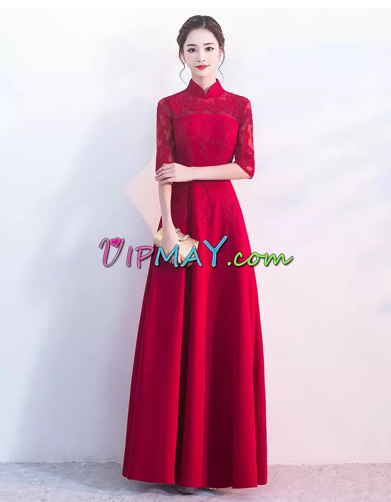 Floor Length Empire Half Sleeves Red Prom Dresses Zipper