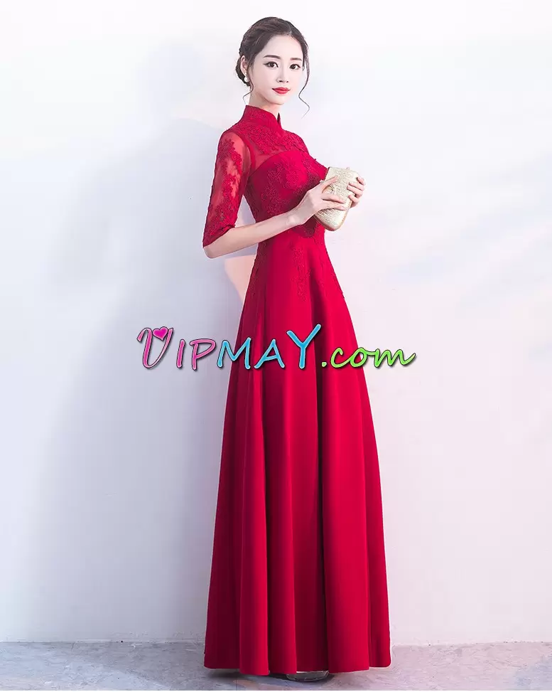 Floor Length Empire Half Sleeves Red Prom Dresses Zipper