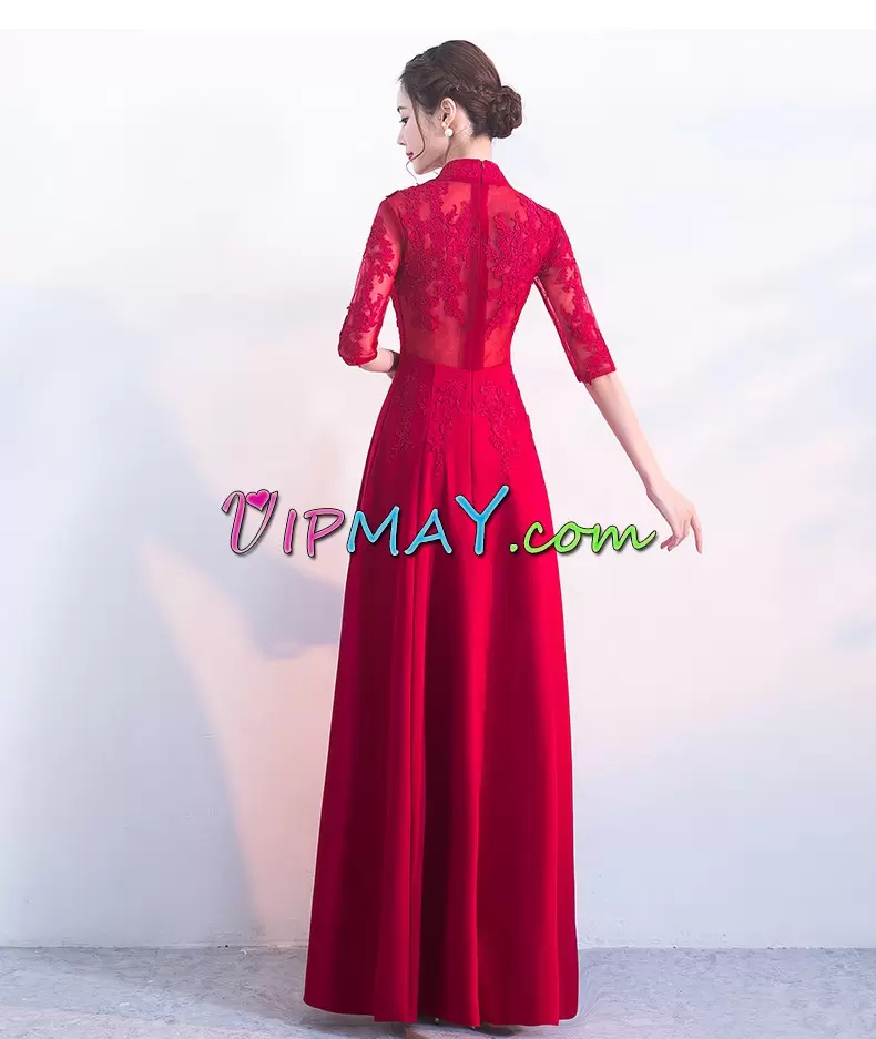 Floor Length Empire Half Sleeves Red Prom Dresses Zipper