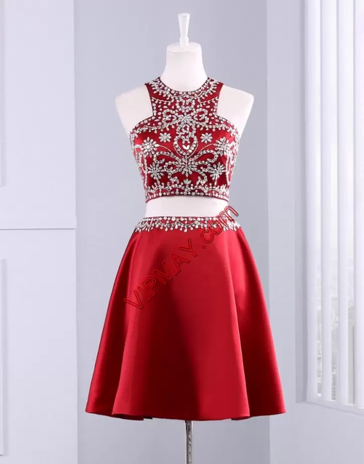 Fine Red Zipper Halter Top Long Sleeves Mini Length Homecoming Party Dress Beading