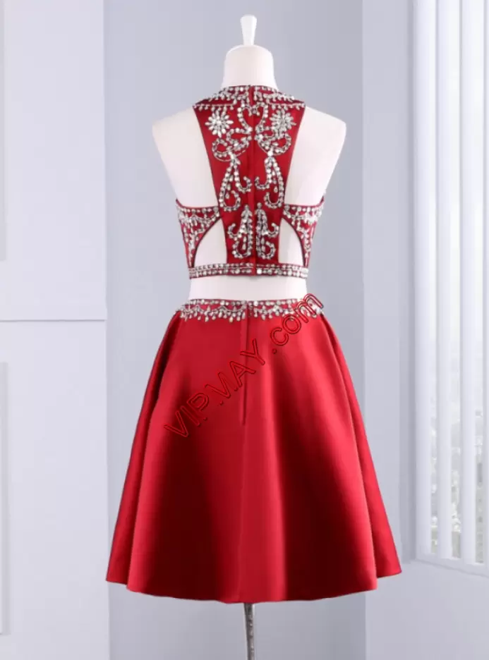 Fine Red Zipper Halter Top Long Sleeves Mini Length Homecoming Party Dress Beading