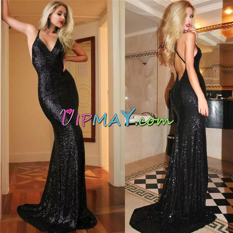 Inexpensive Spaghetti Straps Sleeveless Brush Train Backless Prom Dresses Black Sequined Sequins