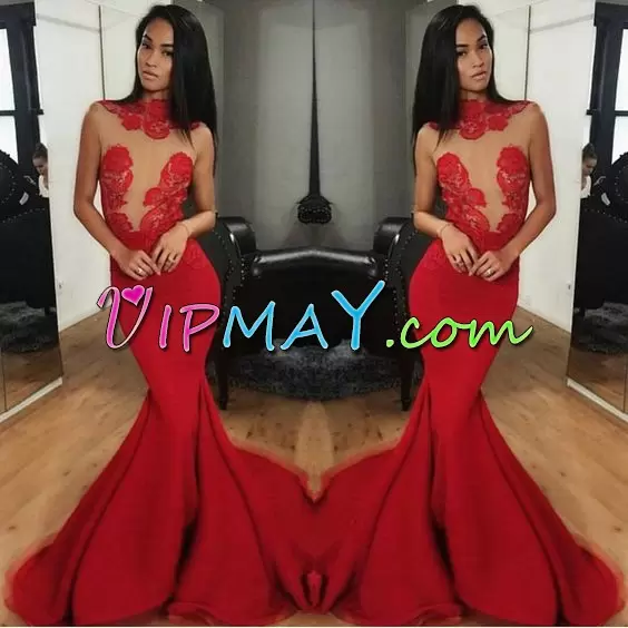 High-neck Sleeveless Junior Homecoming Dress Sweep Train Appliques Red Satin