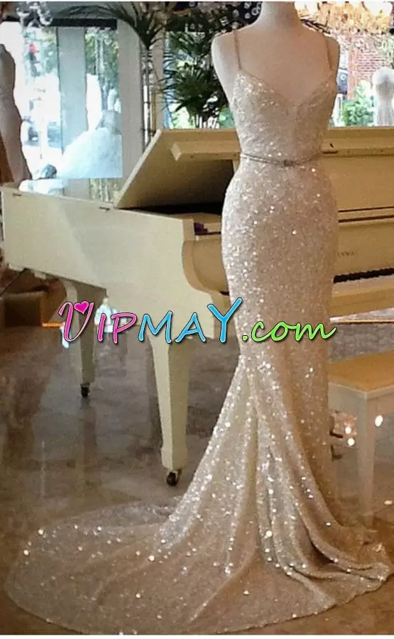 Champagne Lace Up Spaghetti Straps Sequins Evening Dresses Sequined Sleeveless Brush Train