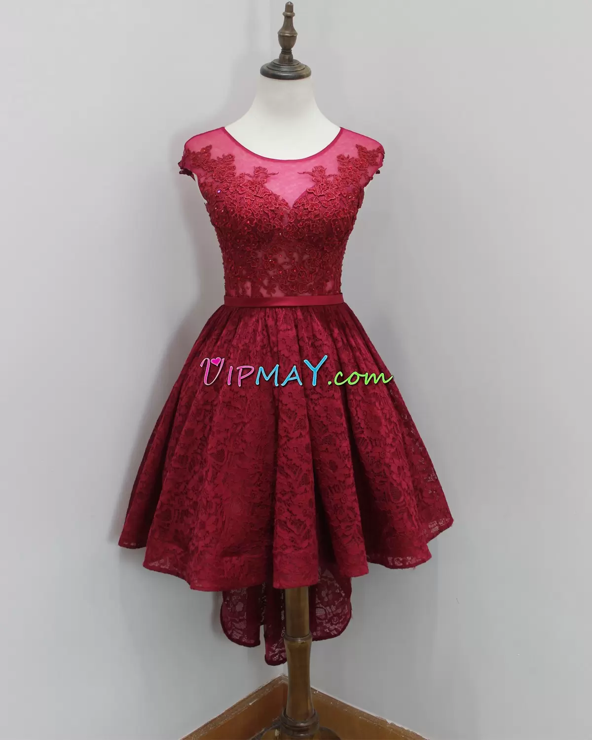 red prom dress,short prom dress,high low prom dress,red short prom dress,lace prom dress,illusion prom dress,short illusion prom dress,high low illusion prom dress,burgundy prom dress,see through prom dress,prom dress under 100,cheap prom dress for less,