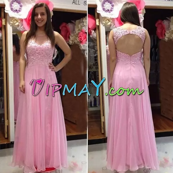 Unique Pink Column/Sheath Appliques Prom Party Dress Backless Chiffon and Tulle Sleeveless Floor Length