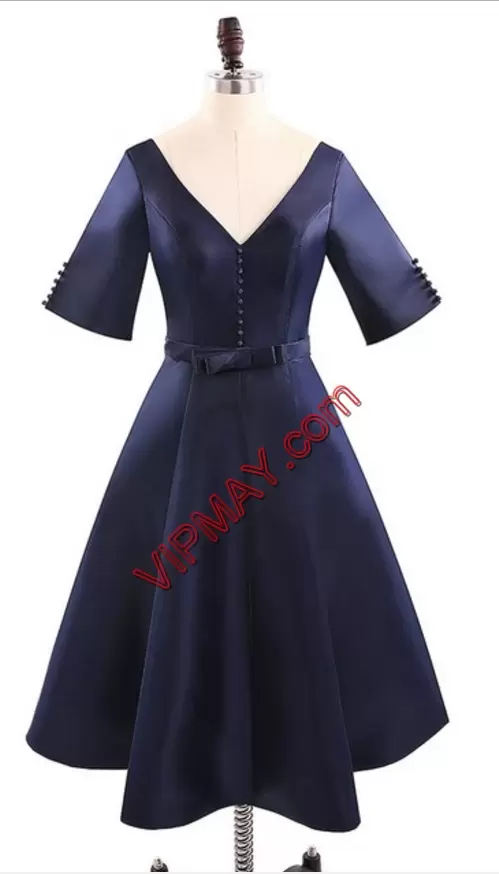 Navy Blue Half Sleeves Knee Length Belt Backless Hoco Dress V-neck