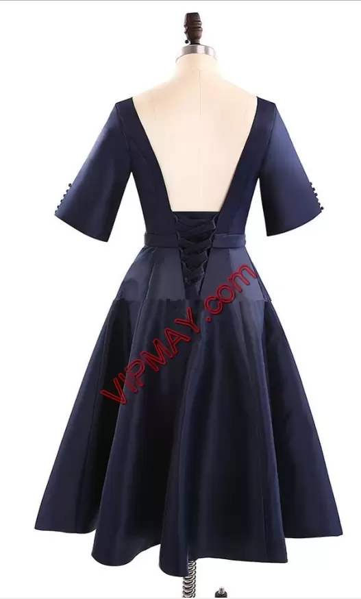 Navy Blue Half Sleeves Knee Length Belt Backless Hoco Dress V-neck