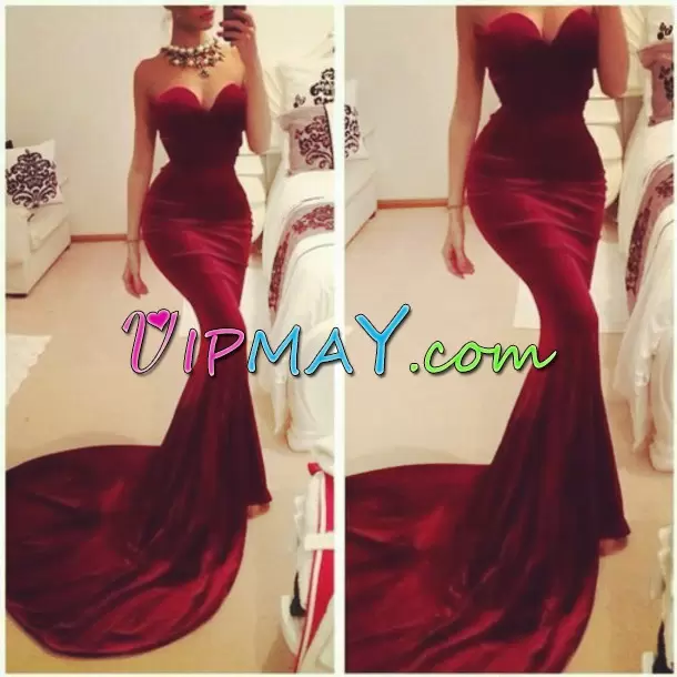 Modest Mermaid Sleeveless Red Sweep Train Lace Up Prom Dress