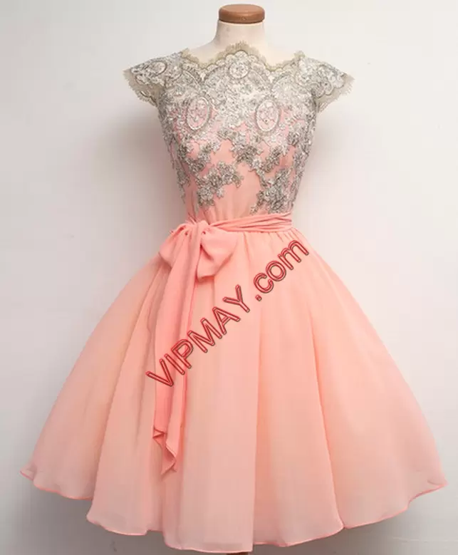 Chic Pink Scalloped Neckline Appliques Prom Dress Cap Sleeves Lace Up