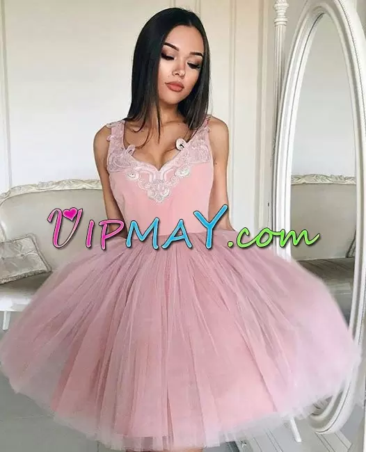 Elegant Pink V-neck Neckline Appliques Homecoming Party Dress Sleeveless