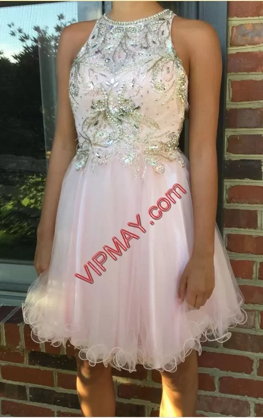 Flare Mini Length Lace Up Pink for Prom and Party and Military Ball with Beading