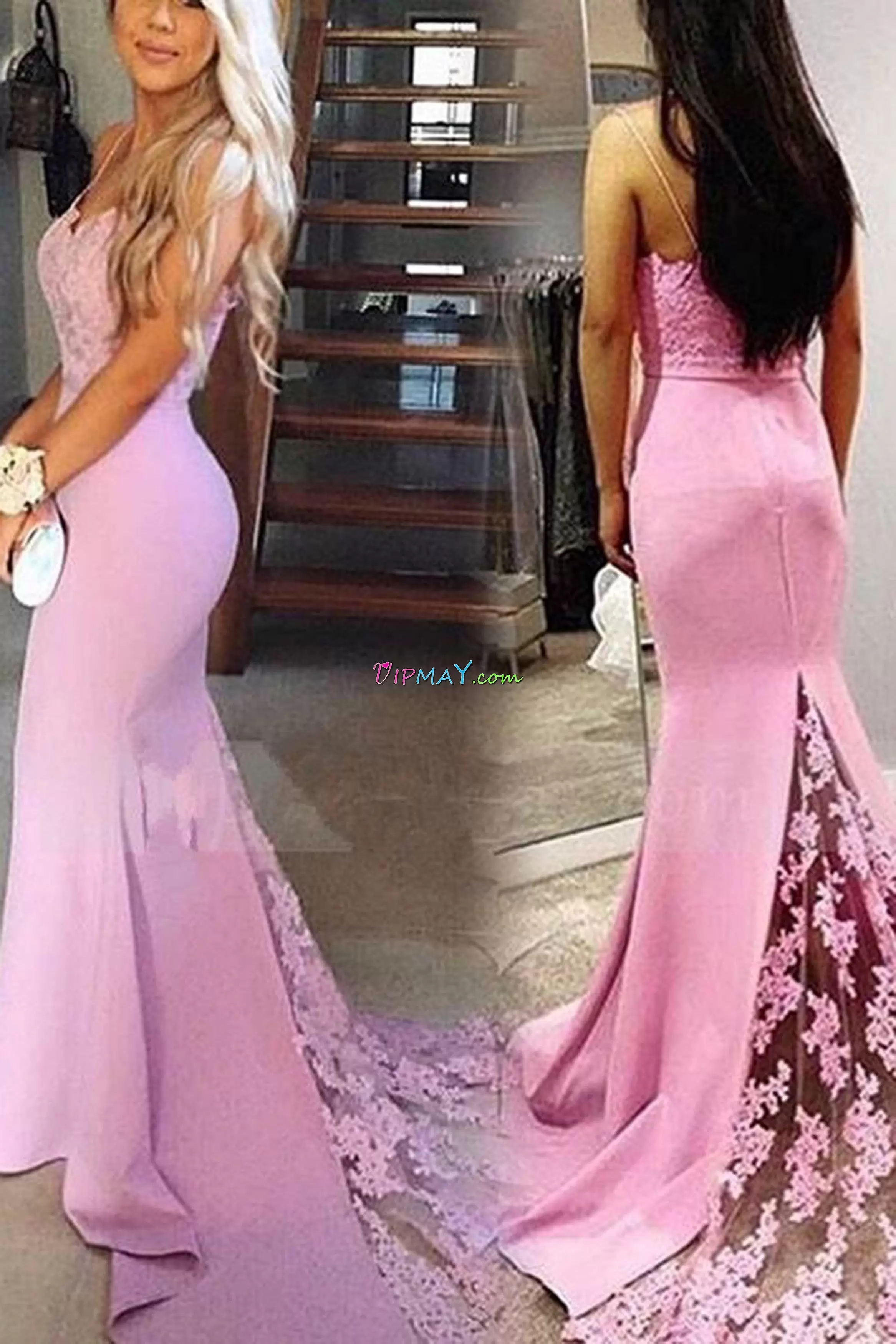 Classical Satin Spaghetti Straps Sleeveless Brush Train Zipper Lace Evening Dresses in Pink