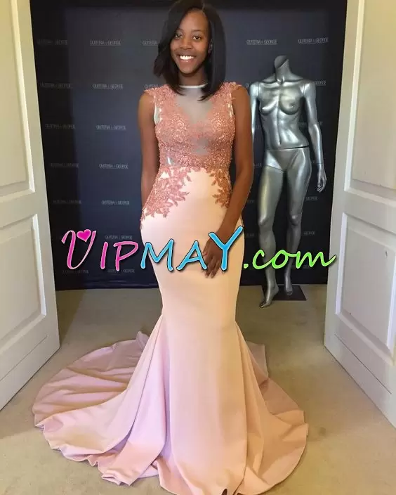 Suitable Pink Scoop Lace Up Beading and Appliques Prom Homecoming Dress Brush Train Sleeveless