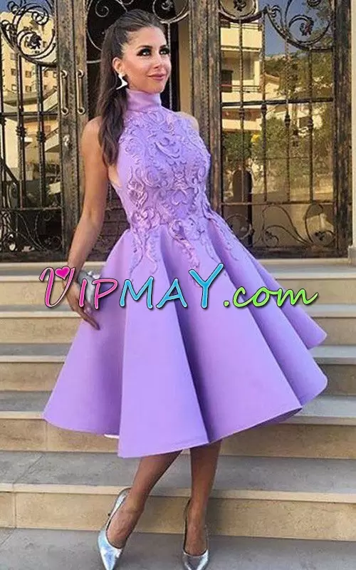 Designer Halter Top Sleeveless Hoco Dress Tea Length Lace and Appliques Lavender Satin