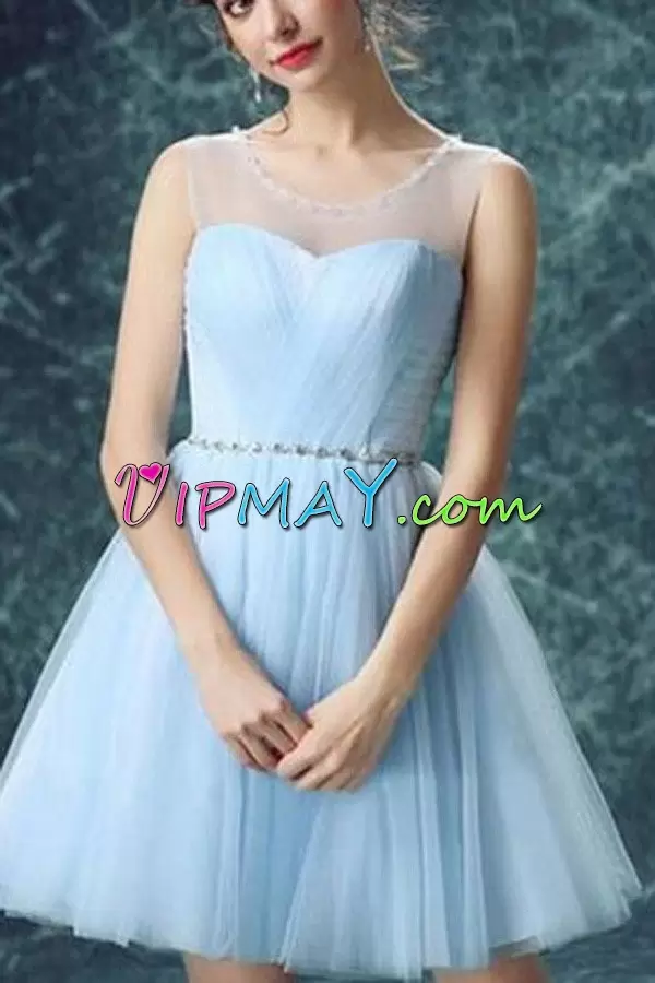 Sleeveless Tulle Mini Length Lace Up Evening Dress in Baby Blue with Beading and Ruching