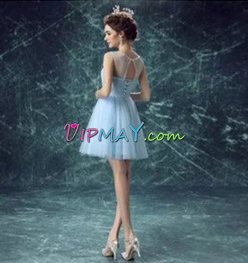 Sleeveless Tulle Mini Length Lace Up Evening Dress in Baby Blue with Beading and Ruching