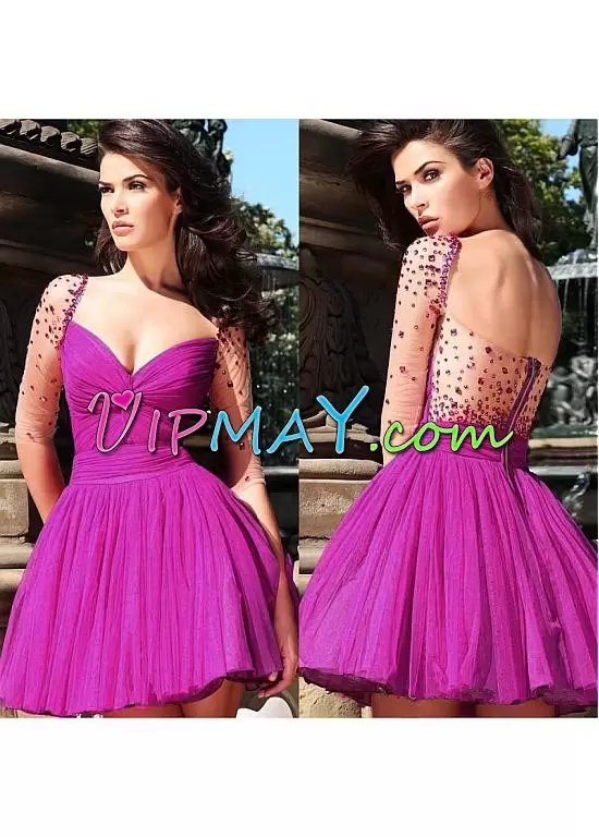 Fuchsia Sweetheart Neckline Beading Prom Evening Gown Long Sleeves Zipper