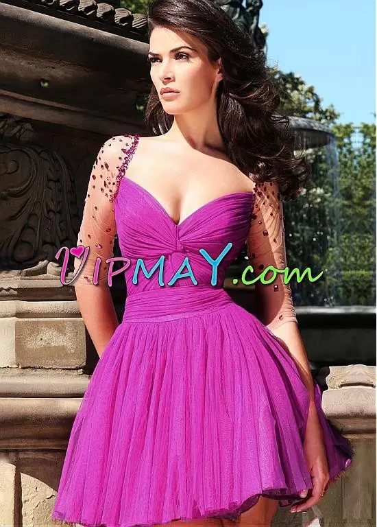 Fuchsia Sweetheart Neckline Beading Prom Evening Gown Long Sleeves Zipper