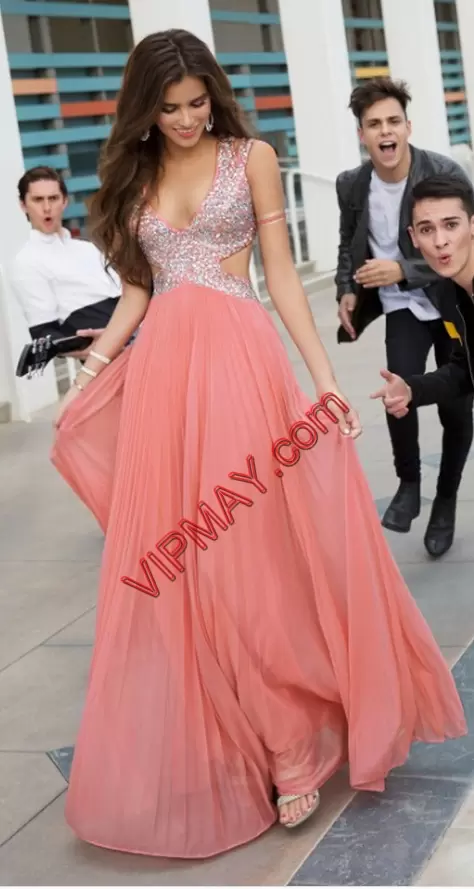 Sleeveless Floor Length Beading Backless Homecoming Party Dress with Coral Red