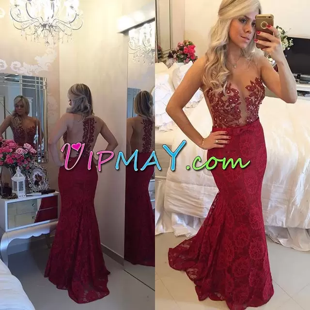 Amazing Red Mermaid Appliques Zipper Lace Sleeveless