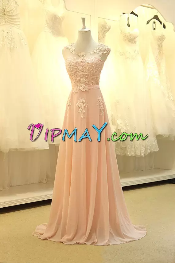 Free and Easy Champagne Scoop Zipper Appliques Dress for Prom Sweep Train Sleeveless