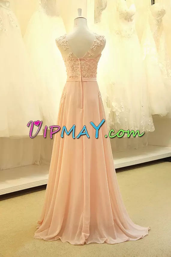 Free and Easy Champagne Scoop Zipper Appliques Dress for Prom Sweep Train Sleeveless