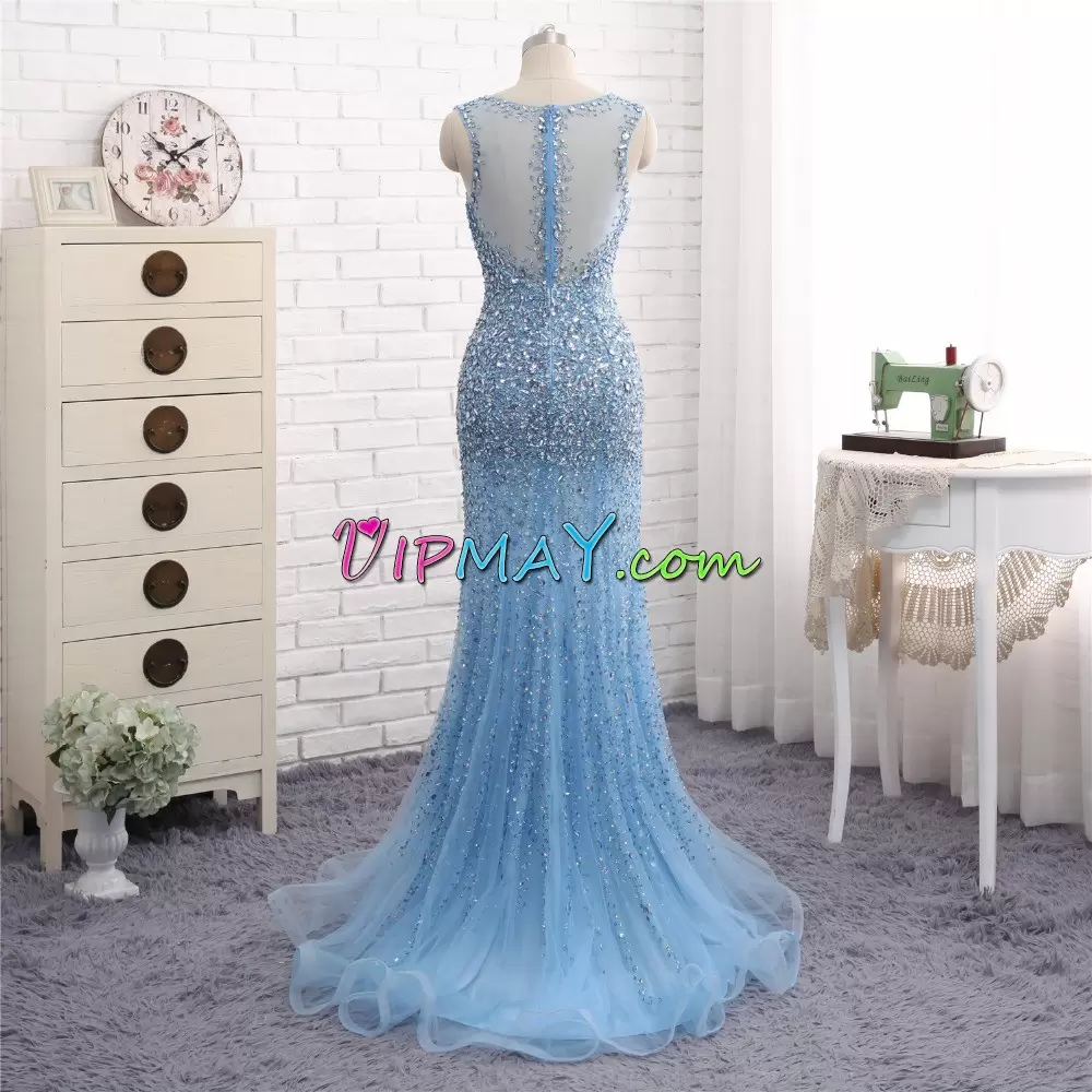 Flare Sleeveless With Train Beading Zipper Prom Dress with Baby Blue Sweep Train