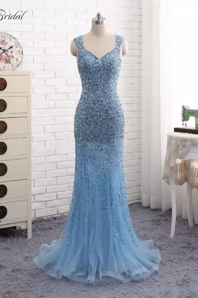 Flare Sleeveless With Train Beading Zipper Prom Dress with Baby Blue Sweep Train
