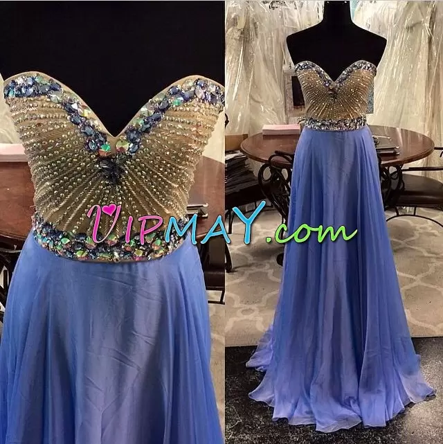 Popular Blue Sleeveless Beading Floor Length Homecoming Gowns