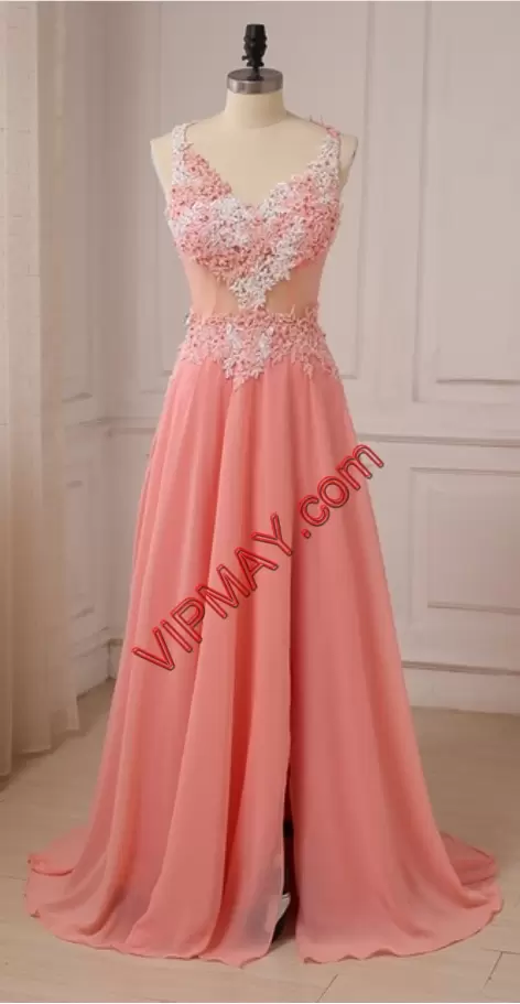 V-neck Sleeveless Prom Dress Sweep Train Beading Red and Coral Red Chiffon