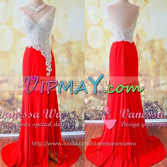 Fine White And Red V-neck Zipper Beading Prom Evening Gown Sweep Train Sleeveless