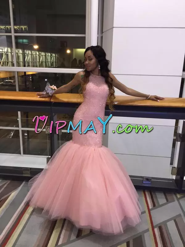 Glittering Peach Sleeveless Satin and Organza and Tulle Sweep Train Lace Up Prom Gown for Prom and Party