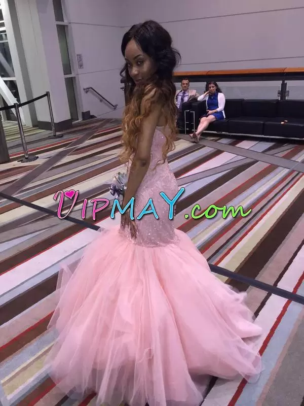 Glittering Peach Sleeveless Satin and Organza and Tulle Sweep Train Lace Up Prom Gown for Prom and Party