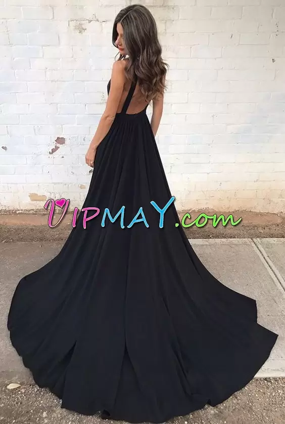 Admirable Black V-neck Backless Ruching Court Train