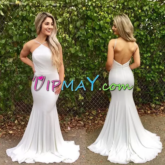 Halter Top Sleeveless Prom Party Dress Sweep Train Ruching White Chiffon