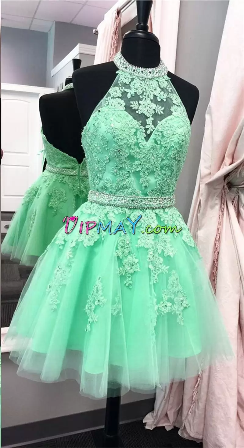 Fashionable Turquoise Zipper Halter Top Beading and Appliques Homecoming Dress Tulle Sleeveless