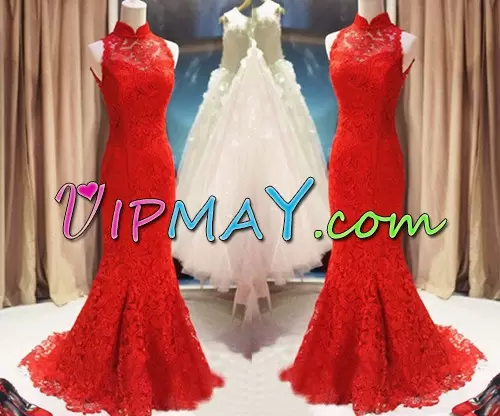 Exceptional Lace Up Prom Evening Gown Red for Prom and Party with Lace Sweep Train