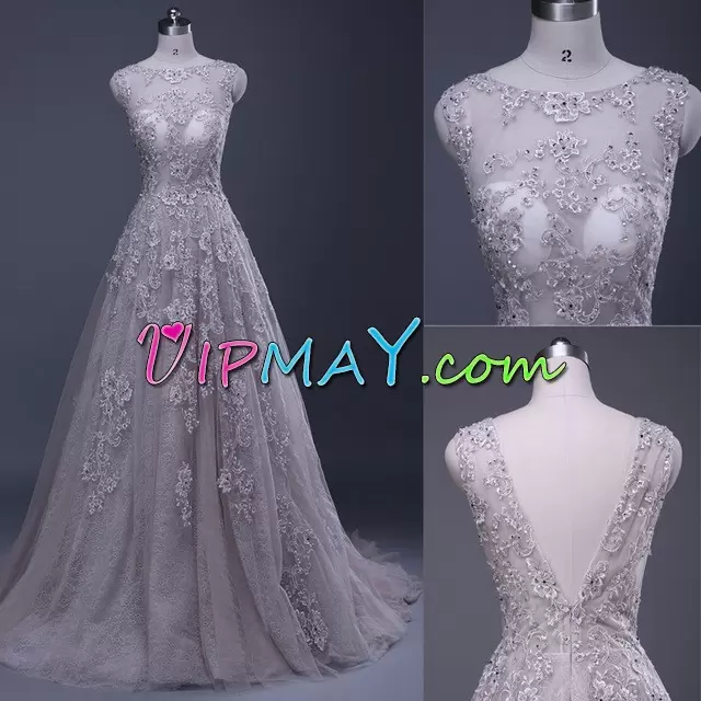 Beading and Lace Homecoming Dresses White Lace Up Sleeveless Floor Length Sweep Train