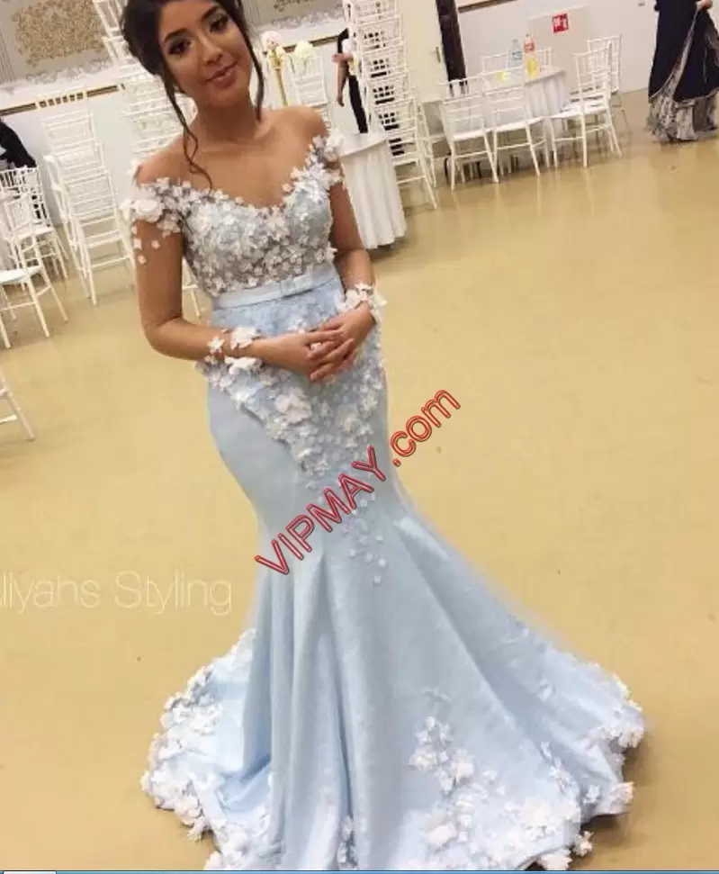 Appliques Prom Dress Blue Lace Up Sleeveless Sweep Train