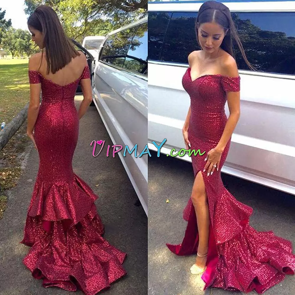 Wonderful With Train Burgundy Dress for Prom Off The Shoulder Sleeveless Sweep Train Zipper