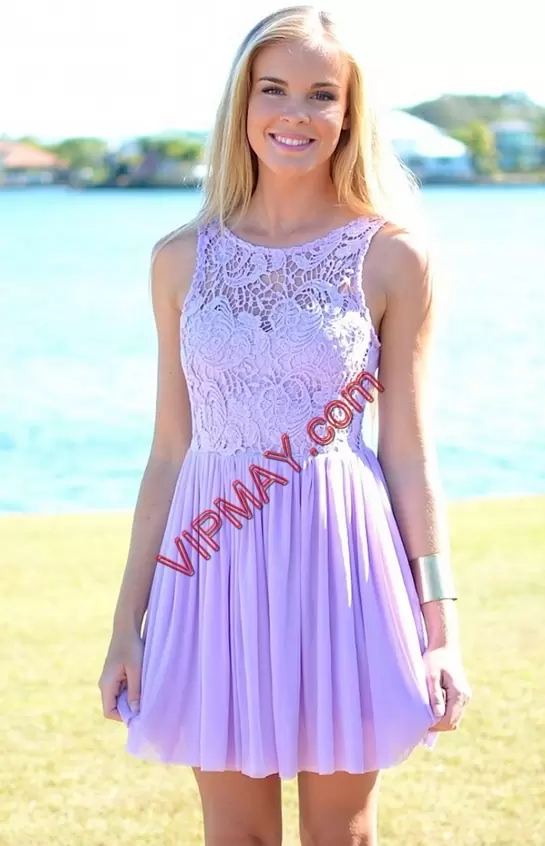 Superior Lavender Sleeveless Mini Length Appliques Lace Up Prom Party Dress Scoop