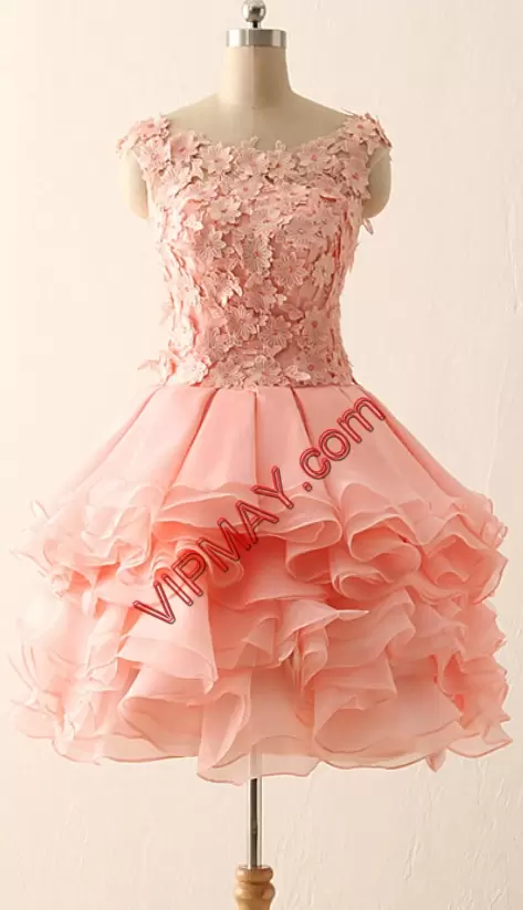 Pink Sleeveless Knee Length Ruffled Layers and Hand Made Flower Clasp Handle Homecoming Party Dress Bateau