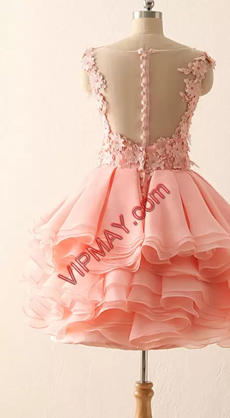 Pink Sleeveless Knee Length Ruffled Layers and Hand Made Flower Clasp Handle Homecoming Party Dress Bateau