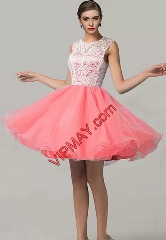 Modest Scoop Sleeveless Mini Length Lace Watermelon Red Tulle