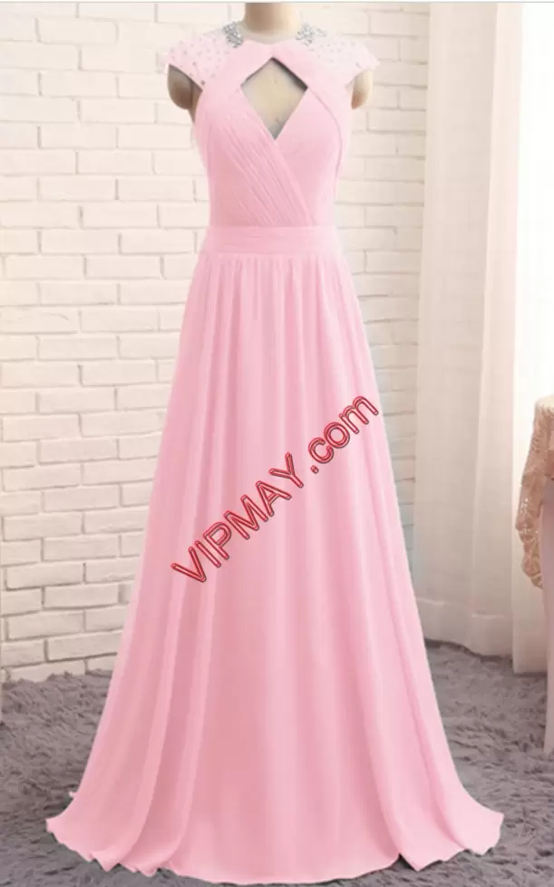 Cap Sleeves Floor Length Beading Lace Up Prom Dresses with Pink