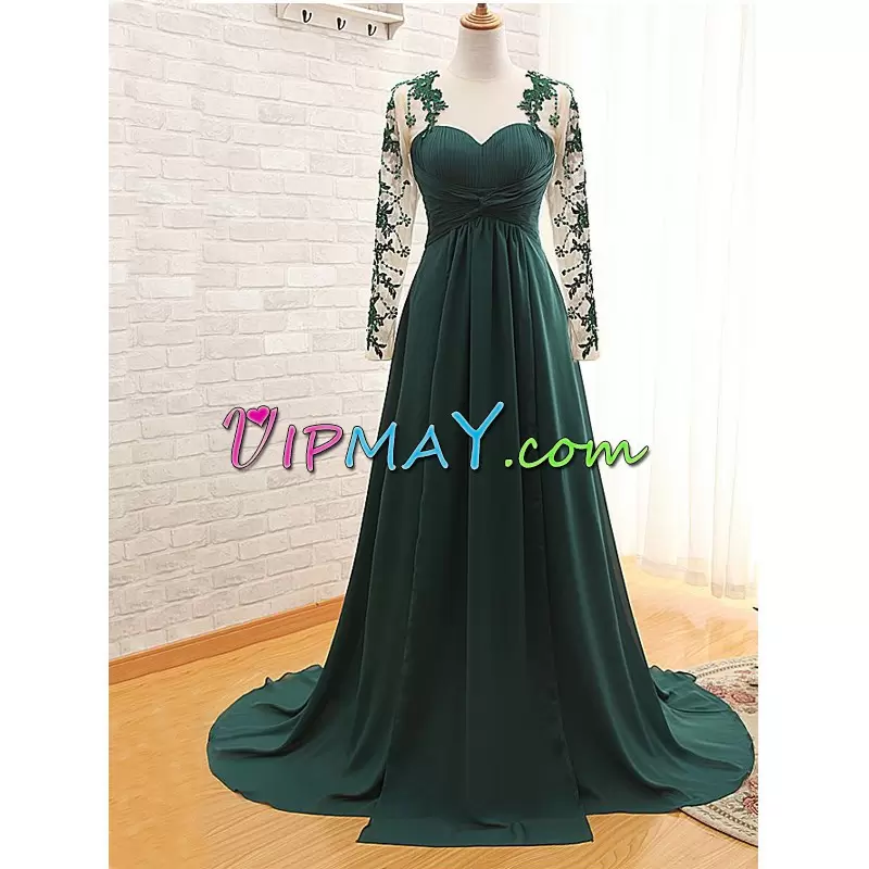 Attractive Long Sleeves Chiffon Brush Train Zipper in Peacock Green with Lace